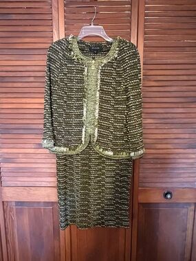 St. John Olive and Gold Textured Knit Dress Suit with Metallic Trim